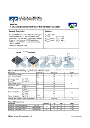 AON7401 datasheet - P-Channel Enhancement Mode Field Effect Transistor