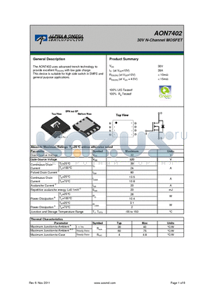 AON7402 datasheet - 30V N-Channel MOSFET