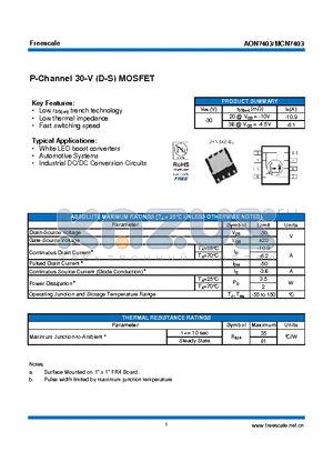 AON7403 datasheet - P-Channel 30-V (D-S) MOSFET White LED boost converters