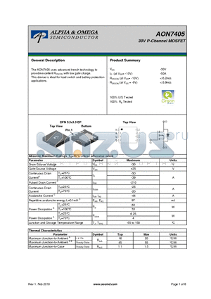 AON7405 datasheet - 30V P-Channel MOSFET