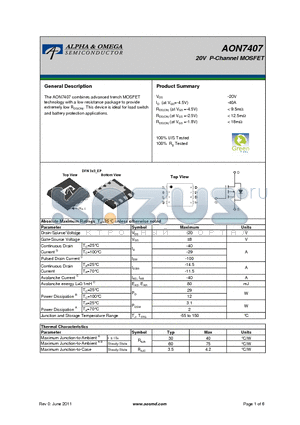 AON7407 datasheet - 20V P-Channel MOSFET