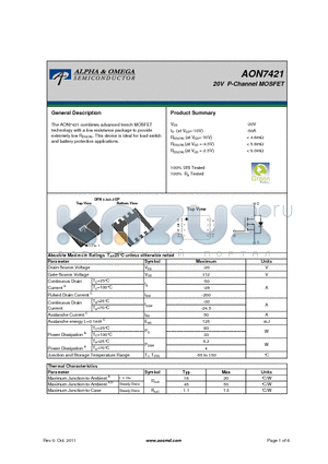 AON7421 datasheet - 20V P-Channel MOSFET
