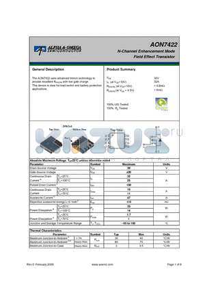 AON7422 datasheet - N-Channel Enhancement Mode Field Effect Transistor
