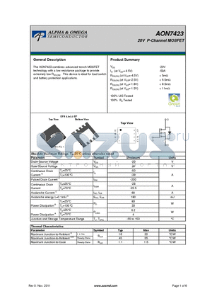 AON7423 datasheet - 20V P-Channel MOSFET