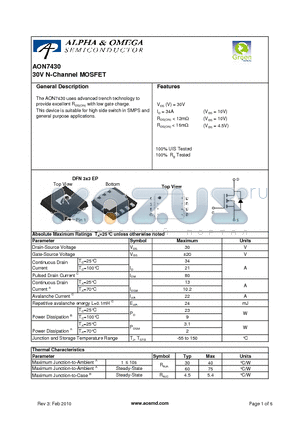 AON7430 datasheet - 30V N-Channel MOSFET