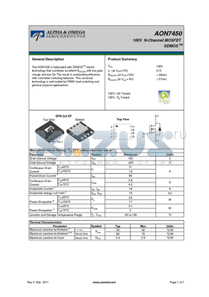 AON7450 datasheet - 100V N-Channel MOSFET