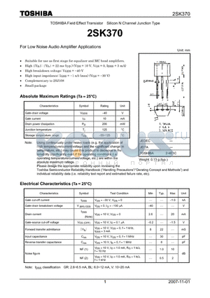 2SK370_07 datasheet - Silicon N Channel Junction Type For Low Noise Audio Amplifier Applications