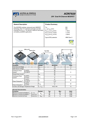 AON7820 datasheet - 20V Dual N-Channel MOSFET
