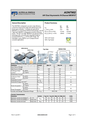 AON7902 datasheet - 30V Dual Asymmetric N-Channel MOSFET