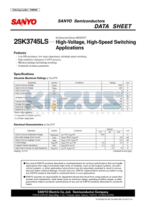 2SK3745LS datasheet - High-Voltage, High-Speed Switching Applications