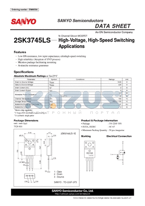 2SK3745LS-1E datasheet - High-Voltage, High-Speed Switching Applications