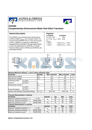 AOP600 datasheet - Complementary Enhancement Mode Field Effect Transistor