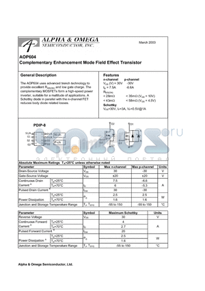 AOP604 datasheet - Complementary Enhancement Mode Field Effect Transistor