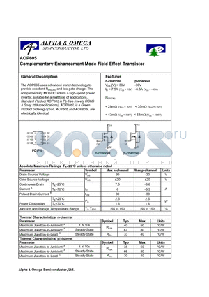 AOP605 datasheet - Complementary Enhancement Mode Field Effect Transistor