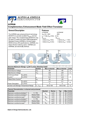 AOP606 datasheet - Complementary Enhancement Mode Field Effect Transistor