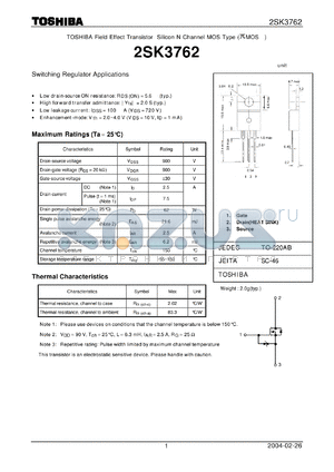 2SK3762 datasheet - TOSHIBA Field Effect Transistor Silicon N Channel MOS Type