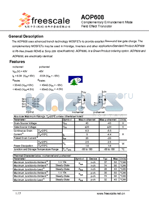 AOP608 datasheet - Complementary Enhancement Mode Field Effect Transistor