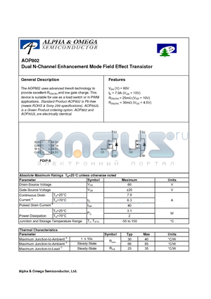 AOP802 datasheet - Dual N-Channel Enhancement Mode Field Effect Transistor