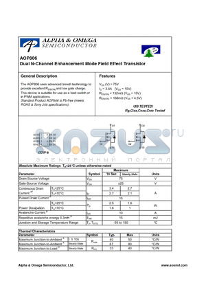 AOP806 datasheet - Dual N-Channel Enhancement Mode Field Effect Transistor
