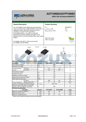 AOT10N65 datasheet - 650V,10A N-Channel MOSFET