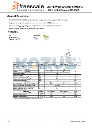 AOT12N60FD datasheet - 600V, 12A N-Channel MOSFET