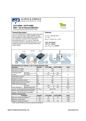 AOT12N60 datasheet - 600V, 12A N-Channel MOSFET