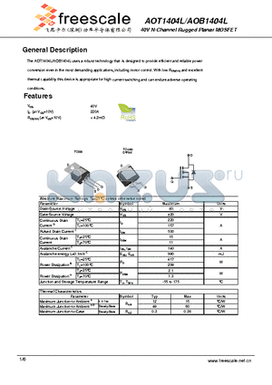 AOT1404L datasheet - 40V N-Channel Rugged Planar MOSFET