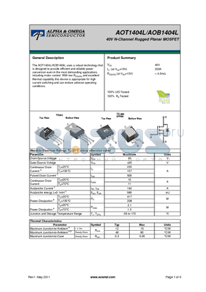 AOT1404L datasheet - 40V N-Channel Rugged Planar MOSFET