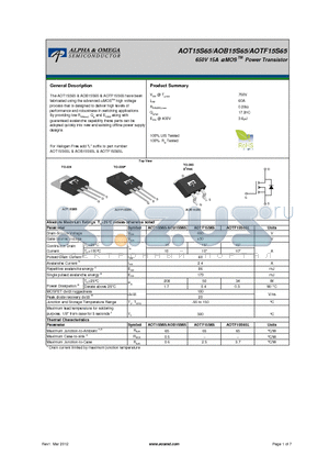 AOT15S65 datasheet - 650V 15A a MOS Power Transistor