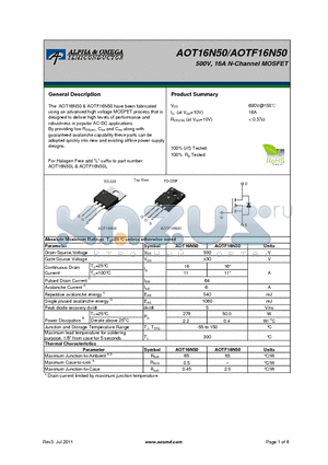 AOT16N50 datasheet - 500V, 16A N-Channel MOSFET