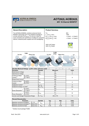 AOT262L datasheet - 60V N-Channel MOSFET