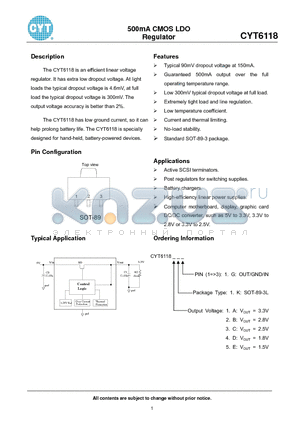 CYT6118BKG datasheet - 500mA CMOS LDO Regulator