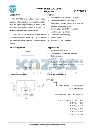 CYT6119BKN datasheet - 400mA Super LDO Linear Regulator