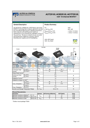 AOT2910L datasheet - 100V N-Channel MOSFET