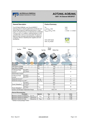 AOT290L datasheet - 100V N-Channel MOSFET