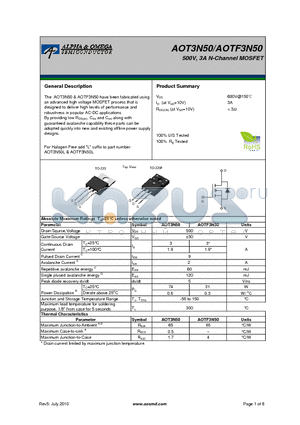 AOT3N50 datasheet - 500V, 3A N-Channel MOSFET