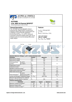 AOT3N60 datasheet - 2.5A, 600V N-Channel MOSFET