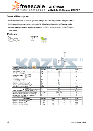 AOT3N60 datasheet - 600V,2.5A N-Channel MOSFET