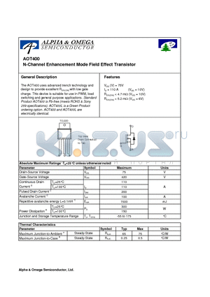 AOT400 datasheet - N-Channel Enhancement Mode Field Effect Transistor