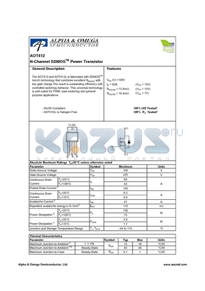 AOT412L datasheet - N-Channel SDMOSTM Power Transistor