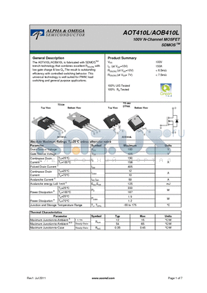 AOT410L datasheet - 100V N-Channel MOSFET SDMOS