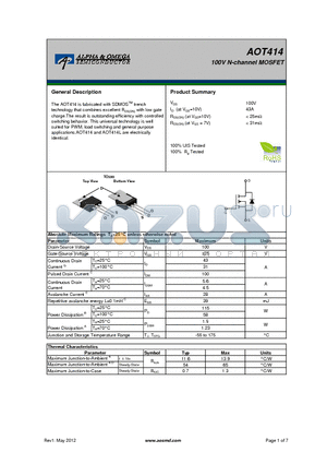 AOT414 datasheet - 100V N-channel MOSFET