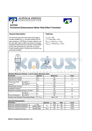 AOT424 datasheet - N-Channel Enhancement Mode Field Effect Transistor