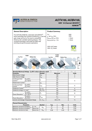 AOT418L datasheet - 100V N-Channel MOSFET