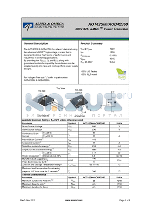 AOT42S60 datasheet - 600V 37A a MOS Power Transistor
