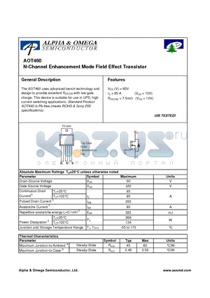 AOT460 datasheet - N-Channel Enhancement Mode Field Effect Transistor