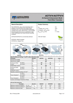 AOT474L datasheet - N-Channel Enhancement Mode Field Effect Transistor