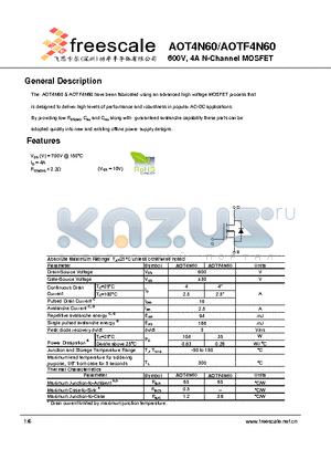 AOT4N60 datasheet - 600V, 4A N-Channel MOSFET