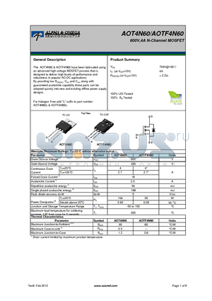 AOT4N60 datasheet - 600V,4A N-Channel MOSFET
