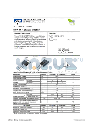 AOT7N60 datasheet - 600V, 7A N-Channel MOSFET